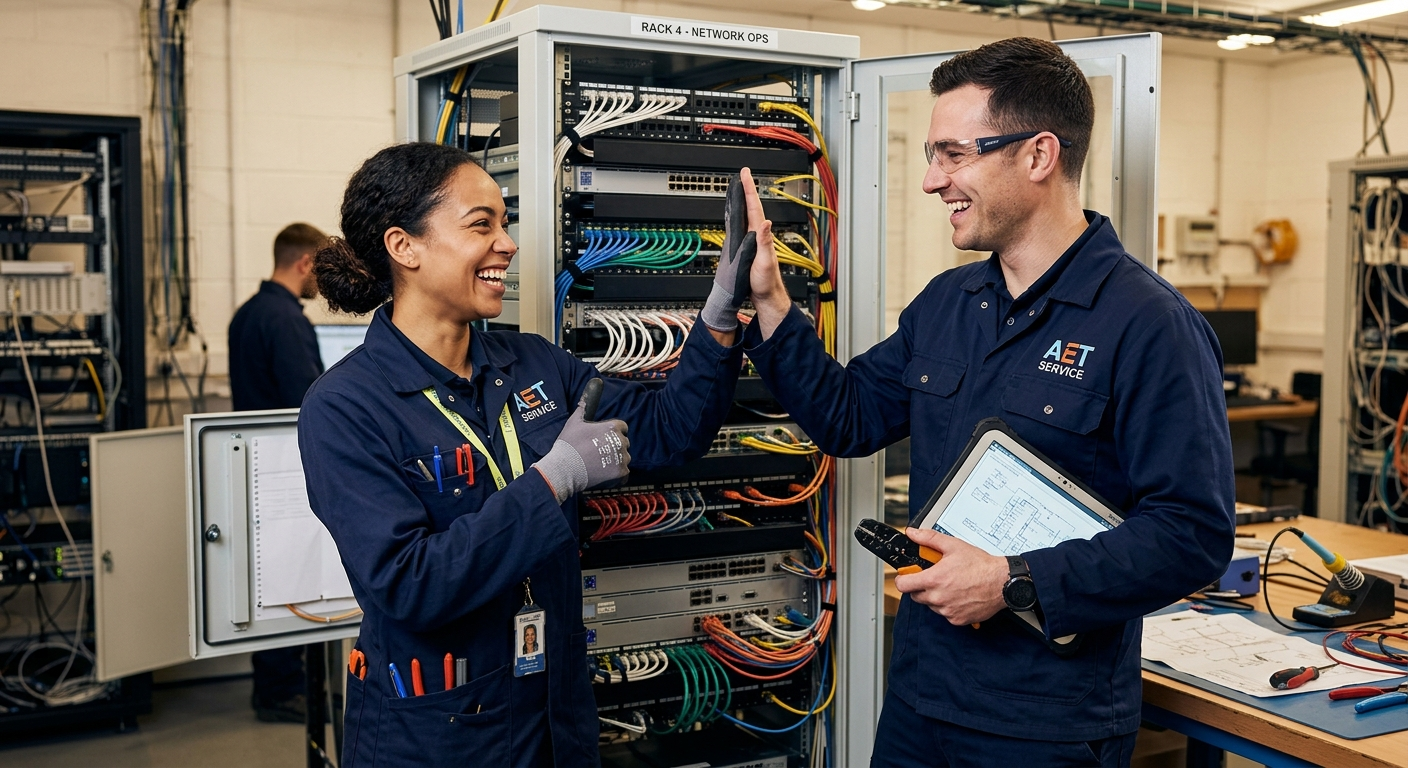 Due colleghi si congratulano a fine lavoro davanti a un armadio di rete