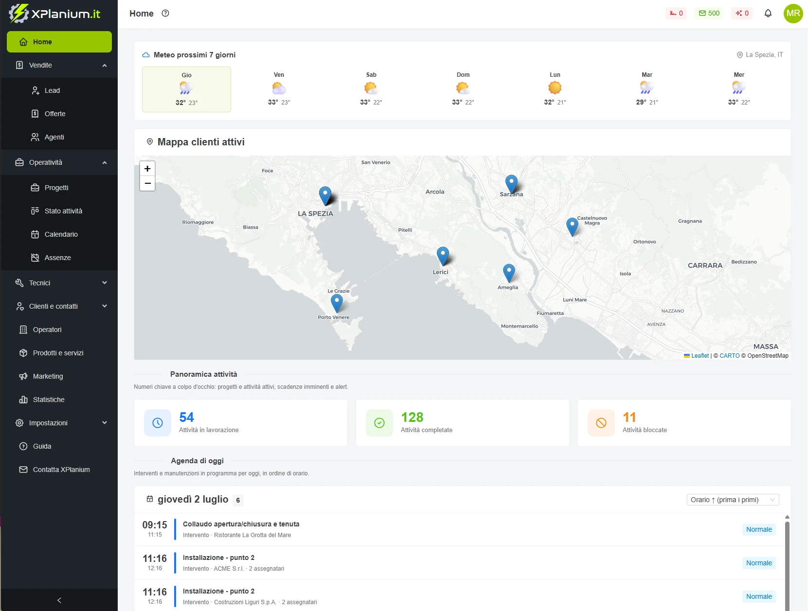 Dashboard XPlanium - panoramica progetti e attività