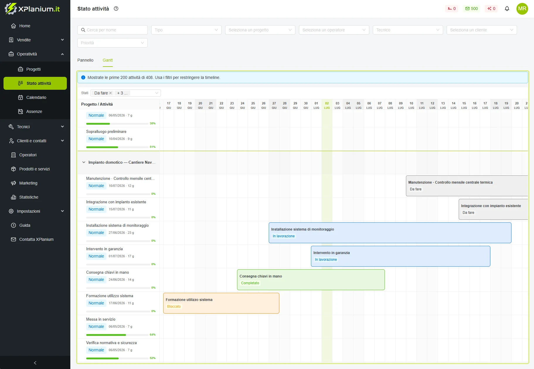 Schermata reale della vista Gantt di XPlanium: pianificazione delle attività di progetto in timeline con barre colorate per stato (da fare, in lavorazione, completato, bloccato), oggi evidenziato in verde, filtri per tipo, progetto, operatore e tecnico.