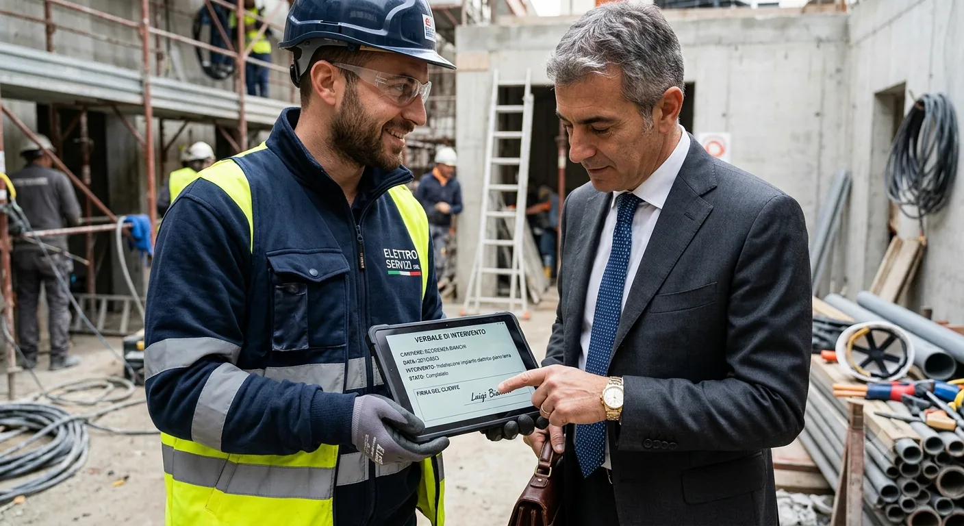 Tecnico che fa firmare il verbale di intervento al cliente direttamente su tablet, sul posto